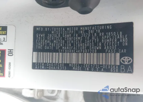 2019 Toyota Corolla Se z USA, uszkodzony, nr VIN 5YFBURHE4KP887208